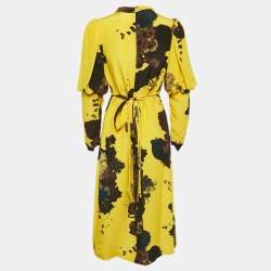 Dries van Noten Yellow Floral Print Silk Tie-Up Waist Detail Midi Dress M