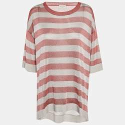 مملوكة مسبقًا Dries Van Noten Red/Grey Striped Lurex Knit Oversized T-Shirt M