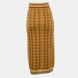 Dries van Noten Yellow/Brown Checked Knit Midi Skirt M