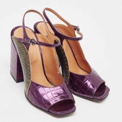 Dries Van Noten Purple/Green Croc Embossed and Lizard Embossed Ankle Strap Sandals Size 39