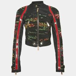 Dsquared2 Black Floral Print Denim and Crepe Gathered Jacket S