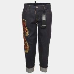 Pre Owned Dsquared2 Blue Tiger Embroidered Denim Hockney Jeans M/Waist 34"