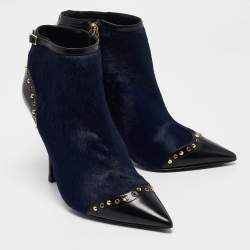 Pre Owned Dsquared2 Black/Blue Calfhair and Leather Studded Heeled Ankle Length Boots Size 39