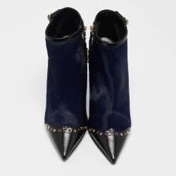 Pre Owned Dsquared2 Black/Blue Calfhair and Leather Studded Heeled Ankle Length Boots Size 39