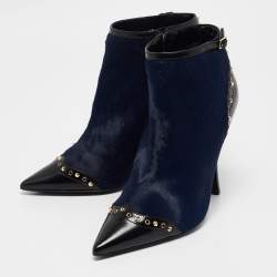 Pre Owned Dsquared2 Black/Blue Calfhair and Leather Studded Heeled Ankle Length Boots Size 39