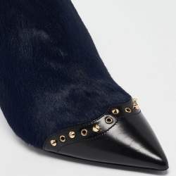 Pre Owned Dsquared2 Black/Blue Calfhair and Leather Studded Heeled Ankle Length Boots Size 39