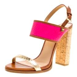 Dsquared2 Tricolor Embossed Python Leather Cork Block Heel Sandals Size 41