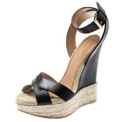 Dsquared2 Black Leather Espadrille Platform Ankle Strap Wedge Size 39