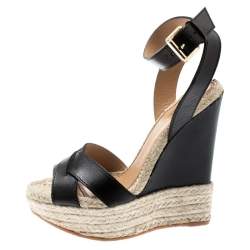 Dsquared2 Black Leather Espadrille Platform Ankle Strap Wedge Size 39