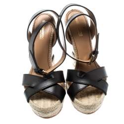 Dsquared2 Black Leather Espadrille Platform Ankle Strap Wedge Size 39