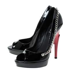 Pre Owned Dsquared2 Black Patent Leather Chain Detail Peep Toe Pumps Size 39
