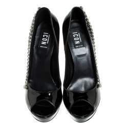 Pre Owned Dsquared2 Black Patent Leather Chain Detail Peep Toe Platform Pumps Size 38