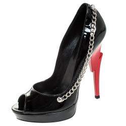 Pre Owned Dsquared2 Black Patent Leather Chain Detail Peep Toe Platform Pumps Size 38