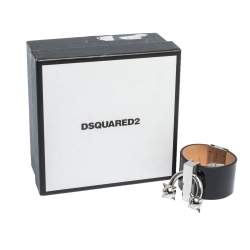 Pre Owned Dsquared2 Black Leather Pierce Me Wide Cuff Bracelet L