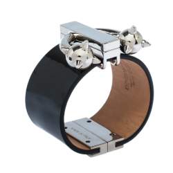 Pre Owned Dsquared2 Black Leather Pierce Me Wide Cuff Bracelet L