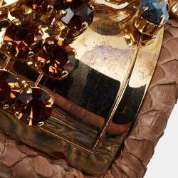Pre Owned Dsqaured2 Brown Snakeskin Leather Gold Tone Crystal Embellished Cuff Bracelet
