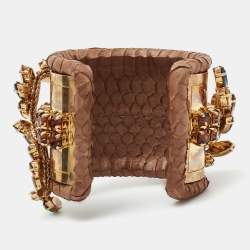 Pre Owned Dsqaured2 Brown Snakeskin Leather Gold Tone Crystal Embellished Cuff Bracelet