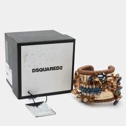 Pre Owned Dsqaured2 Brown Snakeskin Leather Gold Tone Crystal Embellished Cuff Bracelet