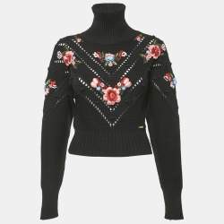 Dsquared2 Black Floral Applique Wool Knit Turtleneck Sweater S