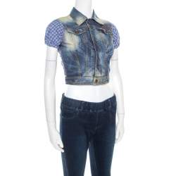 DSquared2 Indigo Distressed Faded Effect Contrast Sleeve Cropped Denim Vest S