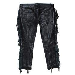 Dsquared2 Black Leather Fringed Trim Detail Cropped Pants S