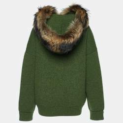 Pre Owned Dsquared2 Green Wool Knit & Fur Trimmed Oversized Hoodie XS