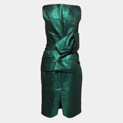 Dsquared2 Metallic Green Lame Fabric Bow Detail Sleeveless Draped Midi Dress M