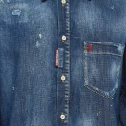 Pre Owned Dsquared2 Blue Washed Distressed Denim Frilled Sleeve Shirt M