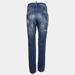 Pre Owned Dsquared2 Navy Blue Printed Distressed Denim Jeans L Waist 36"