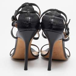 Dsquared2 Black Lizard Embossed Leather Ankle Strap Sandals Size 40