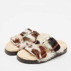 Dsquared2 Brown/Cream Calfhair Buckle Slide Flats Size 37