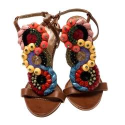 Dsquared2 Brown Leather Embellished Ankle Strap Sandals Size 35
