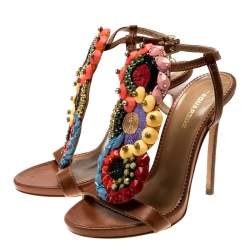 Dsquared2 Brown Leather Embellished Ankle Strap Sandals Size 35