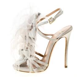 Dsquared2 Grey Suede and Ostrich Feather Ankle Strap Sandals Size 36