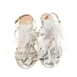 Dsquared2 Grey Suede and Ostrich Feather Ankle Strap Sandals Size 36