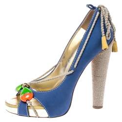 Dsquared2 Blue Nubuck And Jute Trim Embellished Open Toe Block Heel Pumps Size 38