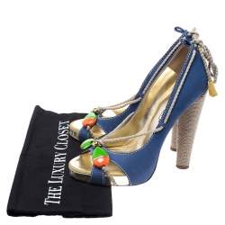 Dsquared2 Blue Nubuck And Jute Trim Embellished Open Toe Block Heel Pumps Size 38