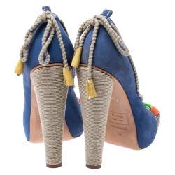 Dsquared2 Blue Nubuck And Jute Trim Embellished Open Toe Block Heel Pumps Size 38