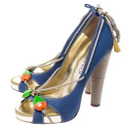 Dsquared2 Blue Nubuck And Jute Trim Embellished Open Toe Block Heel Pumps Size 38