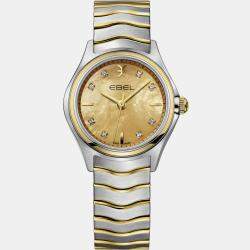 Ebel Champagne 18k Yellow Gold Stainless Steel Wave Lady 1216569 Quartz Women's Wristwatch 30 mm