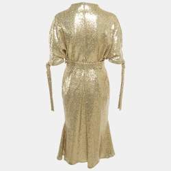 Pre Owned Edel'ine L'ee Gold Sequin Belted Pedernal Dress S