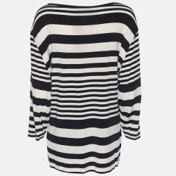 مملوكة مسبقًا تي شيرت إيليينا ميرو جيرسي مخطط أزرق/كريمي مزين بأكمام كاملة مقاس كبير جداً (اكسترا لارج)