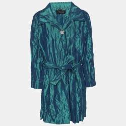 Pre Owned Elena Miro Metallic Green Taffeta Belted Trench Coat L