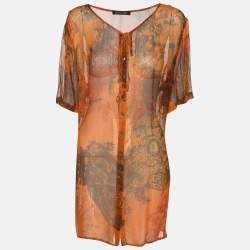 Pre Owned Elena Miro Orange Printed Chiffon Blouse L