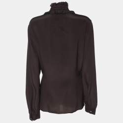 Pre Owned Elena Miro Dark Brown Chiffon Ruffle Front Long Sleeve Shirt L