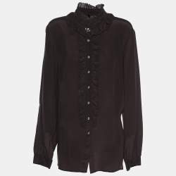 Pre Owned Elena Miro Dark Brown Chiffon Ruffle Front Long Sleeve Shirt L