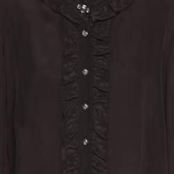 Pre Owned Elena Miro Dark Brown Chiffon Ruffle Front Long Sleeve Shirt L