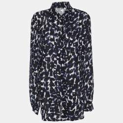 Pre Owned Elena Miro Blue Chiffon Georgette Print Long Sleeve Shirt L