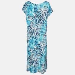 Pre Owned Elena Miro Blue Printed Jersey Sleeveless Midi Dress XL