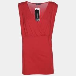 Pre Owned Elena Miro Red Jersey Crystal Embellished V Neck Tops L